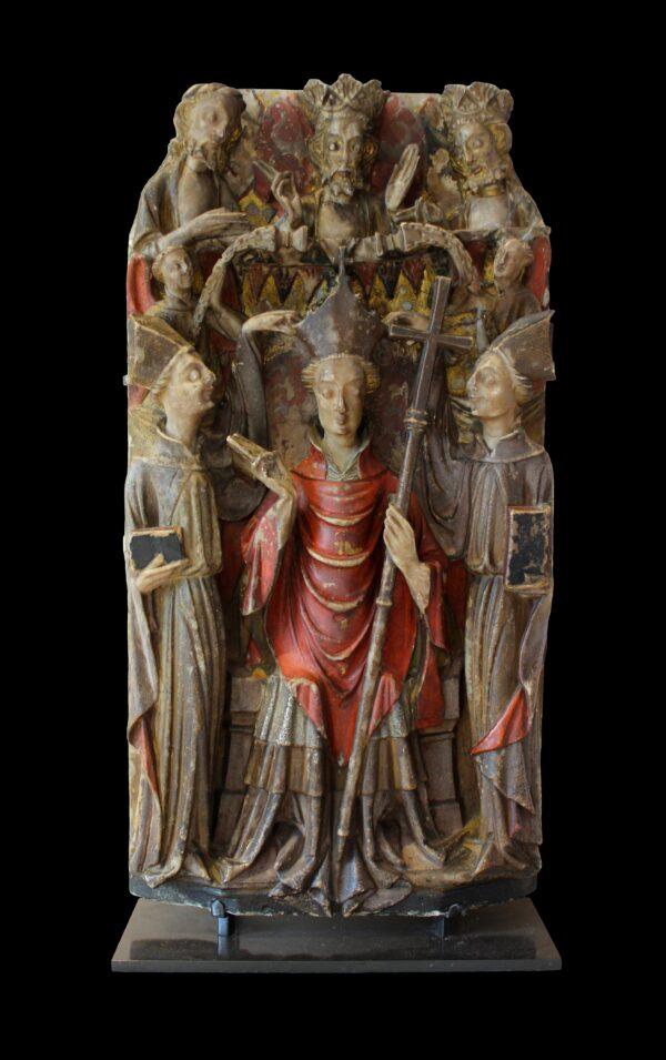 Alabaster panel from an English altarpiece showing Becket’s consecration as archbishop, first half of the 15th century. Private Collection. (Nicholas and Jane Ferguson)