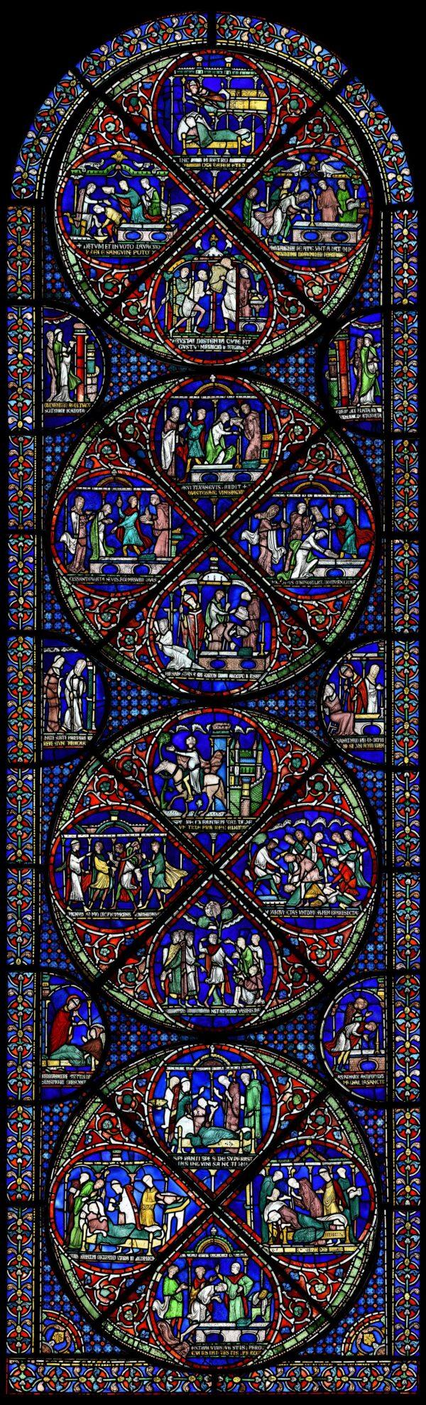 In the early 1200s, 12 stained glass windows, about 30-feet tall, were made to depict the events of Thomas Becket’s life and death, including miracles attributed to him. The series of windows, called the “miracle windows,” surround where Becket’s now-lost shrine was once placed. This particular window shows how Becket helped ordinary people. (The Chapter, Canterbury Cathedral)