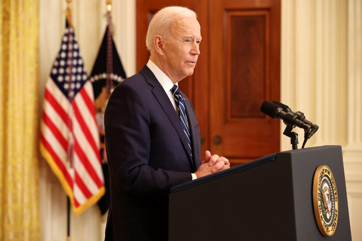 President Joe Biden answers questions during the first news conference of his presidency in the East Room of the White House in Washington on March 25, 2021. (Chip Somodevilla/Getty Images)