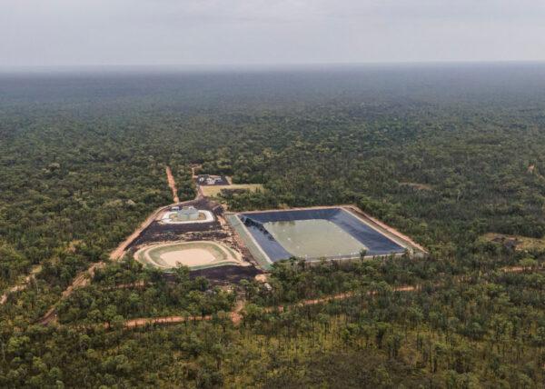 A view of Coal Seam Gas wells and a wastewater treatment plant in the Pilliga Forest in Narrabri, Australia, on Feb. 06, 2021. In September 2020, Santos' mining company won approval from the Independent Planning Commission (IPC) for the $3.6 billion Narrabri coal seam gas project. (Photo by Brook Mitchell/Getty Images)