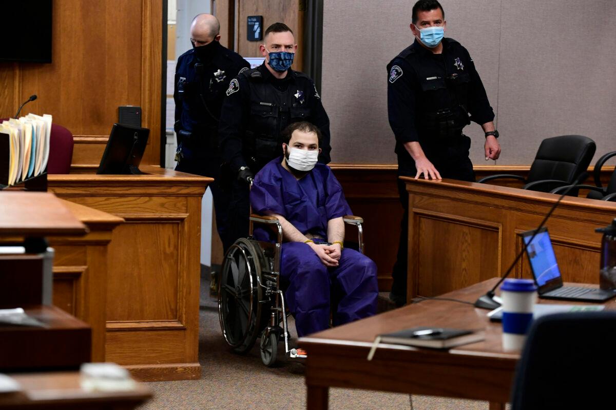 Ahmad Al Aliwi Alissa, 21, appears before Boulder District Court Judge Thomas Mulvahill at the Boulder County Justice Center in Boulder, Colo., on March 25, 2021. (Helen H. Richardson/The Denver Post via AP/Pool)