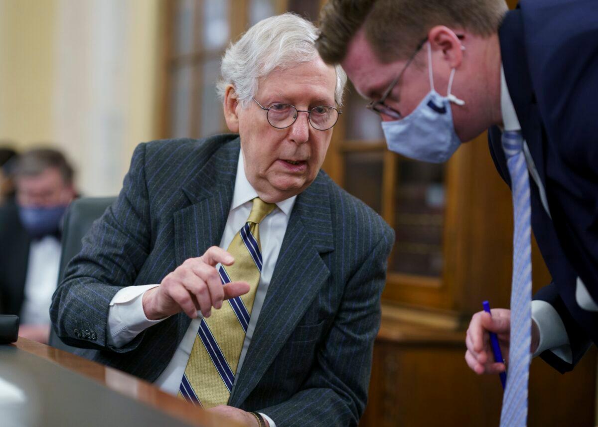 Senate Minority Leader Mitch McConnell (R-Ky.) speaks as the Senate Rules Committee holds a hearing on the "For the People Act," which would dramatically alter how elections are run, at the Capitol in Washington on March 24, 2021. (J. Scott Applewhite/AP Photo)