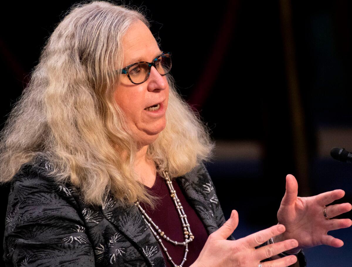 Rachel Levine, nominee for assistant secretary of Health and Human Services, testifies before her confirmation hearing of the Senate Health, Education, Labor, and Pensions committee in Washington on Feb. 25, 2021. (Caroline Brehman/POOL/AFP via Getty Images)