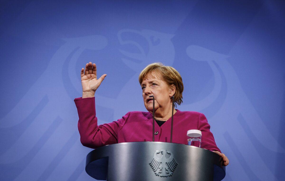 German Chancellor Angela Merkel gives a statement after a video conference of EU leaders at the Chancellery in Berlin, Germany, on March 25, 2021. (Michael Kappeler/Pool via Reuters)