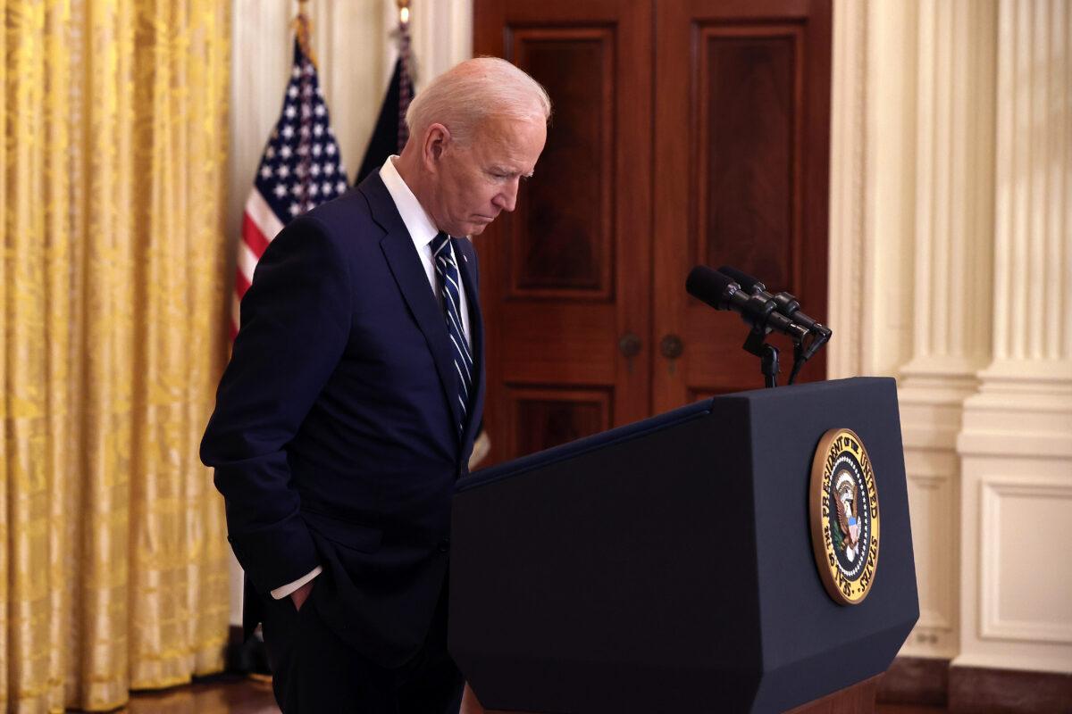 President Joe Biden talks to reporters during the first news conference of his presidency in the East Room of the White House in Washington on March 25, 2021. (Chip Somodevilla/Getty Images)