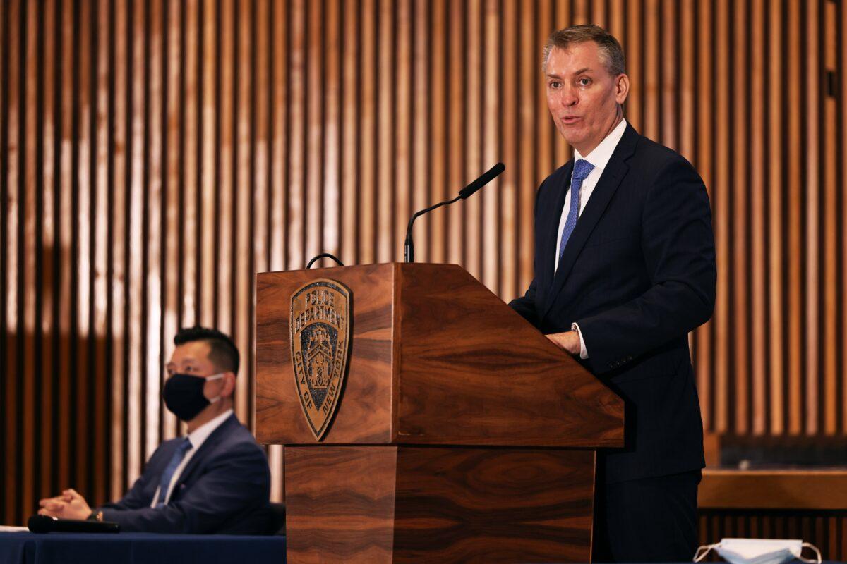 NYPD Commissioner Dermot Shea speaks during a press conference at the NYPD headquarters in Manhattan, New York City, on March 25, 2021. (Michael M. Santiago/Getty Images)