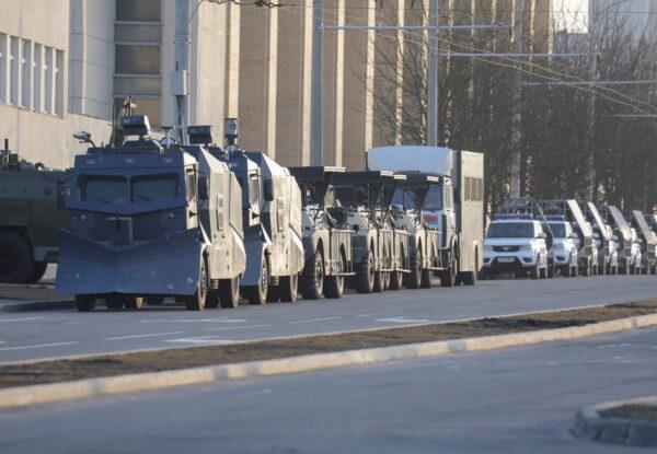 A view shows vehicles of Belarusian law enforcement members in a street in Minsk, Belarus, on March 25, 2021. (BelaPAN via Reuters)
