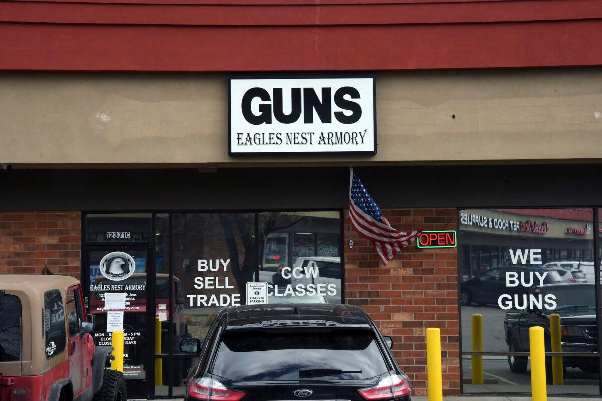 The front of the Eagles Nest Armory gun shop in Arvada, Colo., on March 26, 2021. (Thomas Peipert/AP Photo)