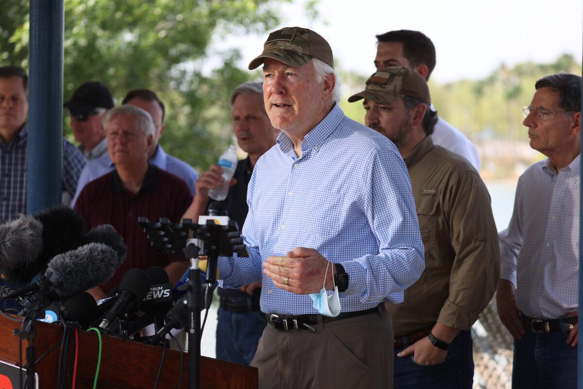 Sen. John Cornyn (R-Texas) speaks to the media in Mission, Texas, on March 26, 2021. (Joe Raedle/Getty Images)