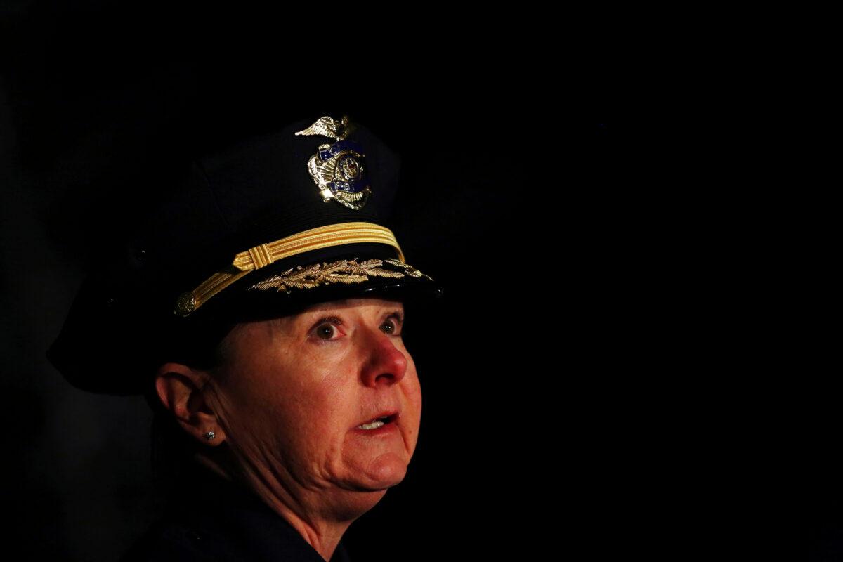 Boulder Police Chief Maris Herold speaks at a news conference in Boulder, Colo., on March 22, 2021. (Kevin Mohatt/Reuters)