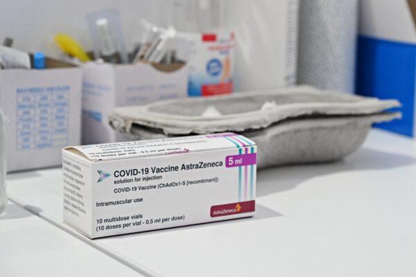 A box of the AstraZeneca COVID-19 vaccine is shown at a vaccination hub in Rome, Italy, on March 24, 2021. (Andreas Solaro/AFP via Getty Images)