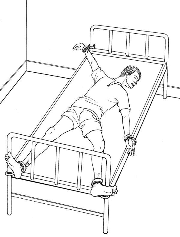 Cuffed to a bed in a painful position. (Minghui.org)