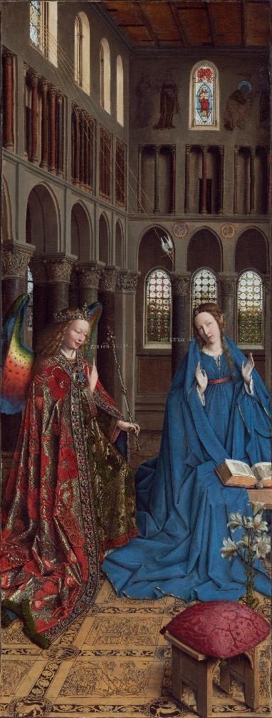 "The Annunciation" c. 1434–1436 by Jan Van Eyck. Oil transferred from wood to canvas. The National Gallery of Art