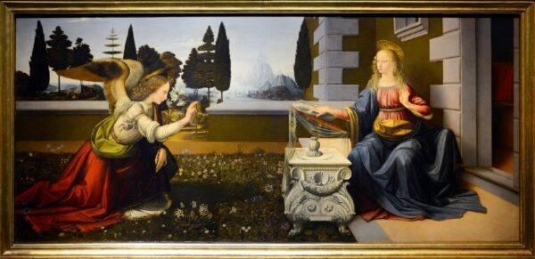 "The Annunciation" c. 1472-1475 by Leonardo da Vinci. Oil and tempera on panel. The Uffizi Gallery, Florence