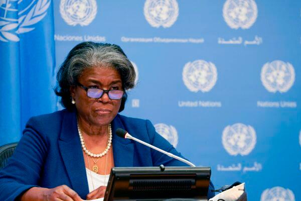 U.S. ambassador to the United Nations, Linda Thomas-Greenfield, speaks during a press conference at the U.N. Headquarters in New York on March 1, 2021. (Timothy A. Clary/AFP via Getty Images)