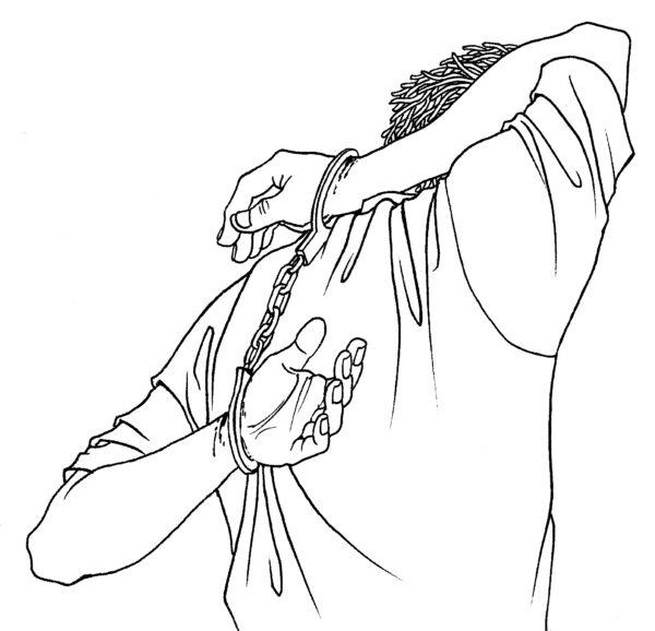 Falun Gong practitioners' hands are handcuffed behind their backs with one hand crossed over a shoulder. (Minghui.org)