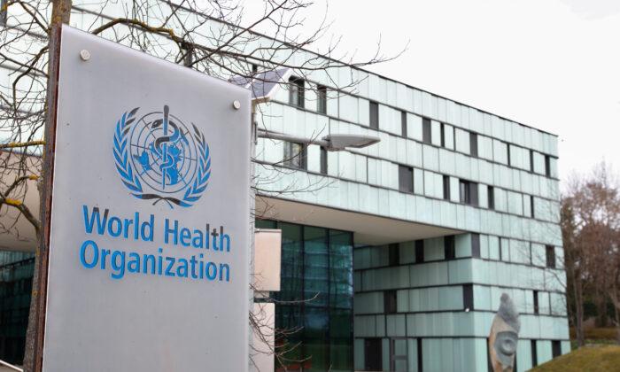 A logo is pictured outside a building of the World Health Organization (WHO) during an executive board meeting on an update on the CCP virus outbreak, in Geneva, Switzerland, Feb. 6, 2020. (Denis Balibouse/Reuters)