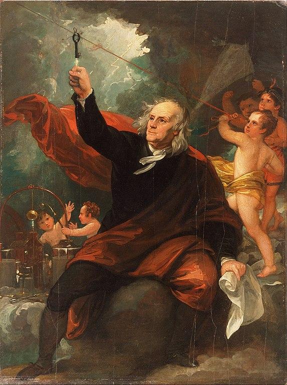 “Benjamin Franklin Drawing Electricity from the Sky” by Benjamin West, circa 1816. In 1752, he conducted his famous kite experiment, attaching a metal key to kite and flying it in the middle of a thunderstorm, to prove the electrical nature of lightning. The Founding Father also invented the lightning rod, bifocals, and swim fins, among many things. (Public domain)