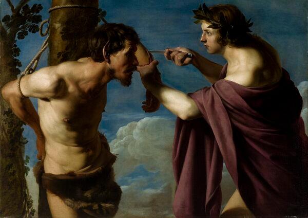 “Apollo and Marsyas,” between 1616 and 1620, by Bartolomeo Manfredi. Oil on canvas, 37 5/8 inches by 53 9/16 inches. St. Louis Art Museum. (Public Domain)