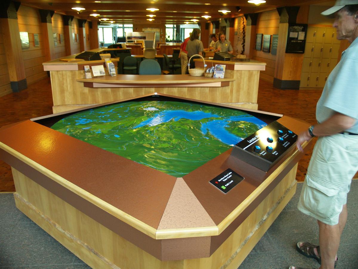 A three-dimensional relief map of the region inside the Northern Great Lakes Visitor Center. (Kevin Revolinski)