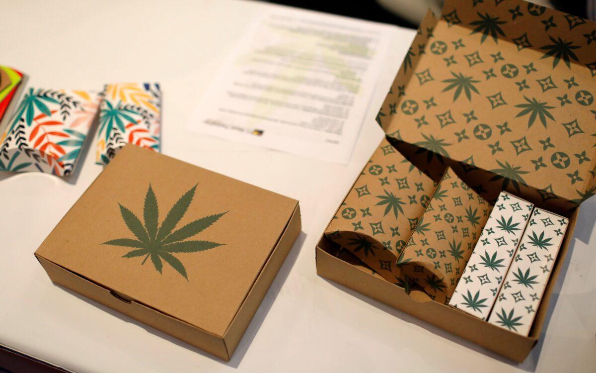Cannabis product boxes are displayed at the Cannabis World Congress & Business Exposition trade show in New York City on May 30, 2019. (Mike Segar/Reuters)