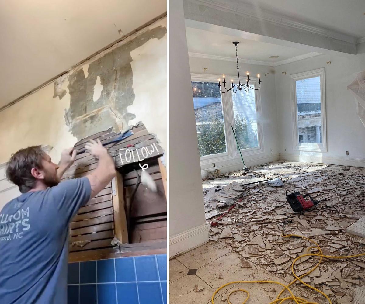 (L) Adam pulling up the bathroom tiles; (R) "Before" photo of the living room (Caters News)