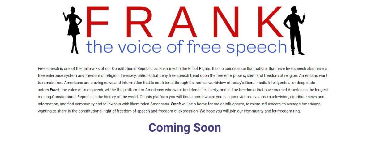 A screenshot shows the landing page for Frank, a forthcoming social media platform from MyPillow's Mike Lindell. (Screenshot/frankspeech.com)