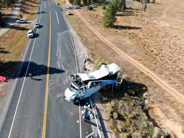 A tour bus that crashed near Bryce Canyon National Park in southern Utah on Sept. 20, 2019. (Utah Highway Patrol via AP, File)
