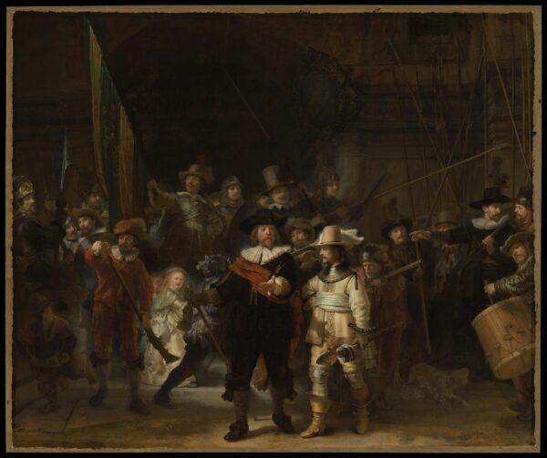 The entire view of “The Nightwatch,” or “Militia Company of District II under the Command of Captain Frans Banninck Cocq,” 1642, by Rembrandt van Rijn. Oil on canvas; 12.4 feet high by 14.8 feet long. Rijksmuseum, Amsterdam. (Public Domain)