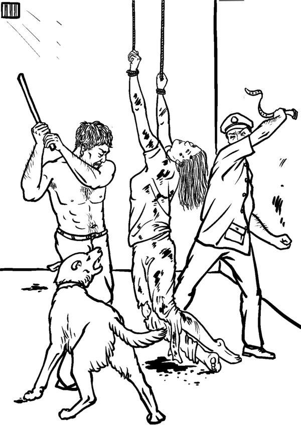 Torture is routinely used on Falun Dafa practitioners detained in China. In the scene depicted in this drawing, the policemen are beating the victim. (Minghui.org)