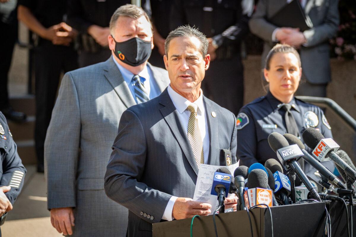 Orange County District Attorney Todd Spitzer shares information about a shooting in Orange, Calif., on April 1, 2021. (John Fredricks/The Epoch Times)