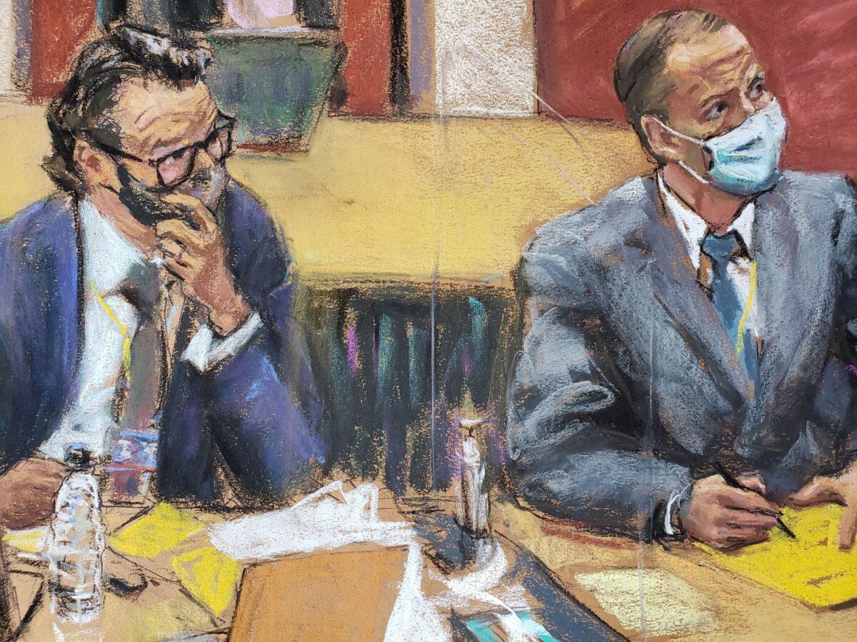 In this courtroom sketch, former Minneapolis police officer Derek Chauvin, accompanied by his defense attorney Eric Nelson, attends the fourth day of his trial for second-degree murder, third-degree murder and second-degree manslaughter in the death of George Floyd in Minneapolis, Minn., on April 1, 2021. (Jane Rosenberg/Reuters)
