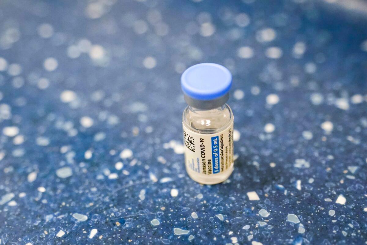 A vial with Johnson & Johnson's one-dose COVID-19 vaccine is seen at the Vaxmobile, at the Uniondale Hempstead Senior Center, in Uniondale, N.Y., on March 31, 2021. (Mary Altaffer/AP Photo)