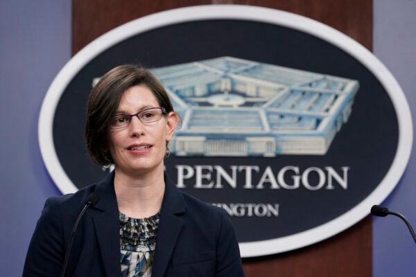 Stephanie Miller, head of accession policy at the Pentagon, speaks during a briefing at the Pentagon in Washington on March 31, 2021. (Susan Walsh/AP Photo)