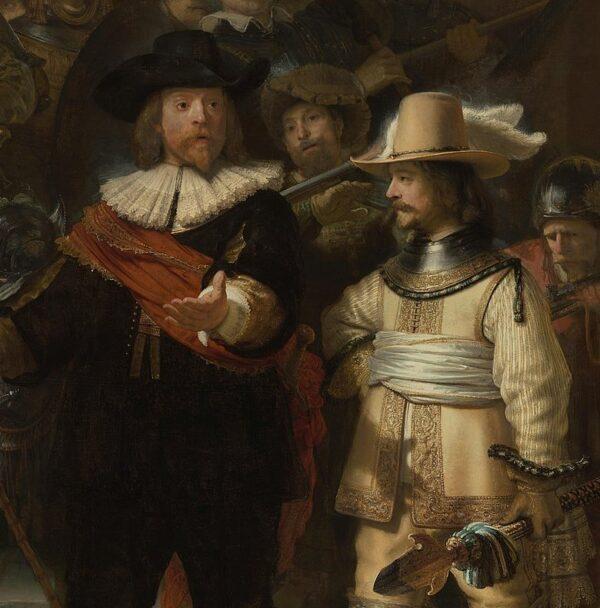 A detail from Rembrandt's "The Night Watch" reveals the company’s captain with a red sash, and his lieutenant, in gold, with blue in his braiding and in his lance’s tassel. (Public Domain)
