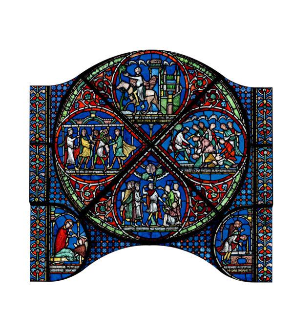 A detail from the fifth “miracle window” (early 1200s) at Canterbury Cathedral shows Eilward of Westoning being healed of both his blindness and his castration. (The Chapter, Canterbury Cathedral)