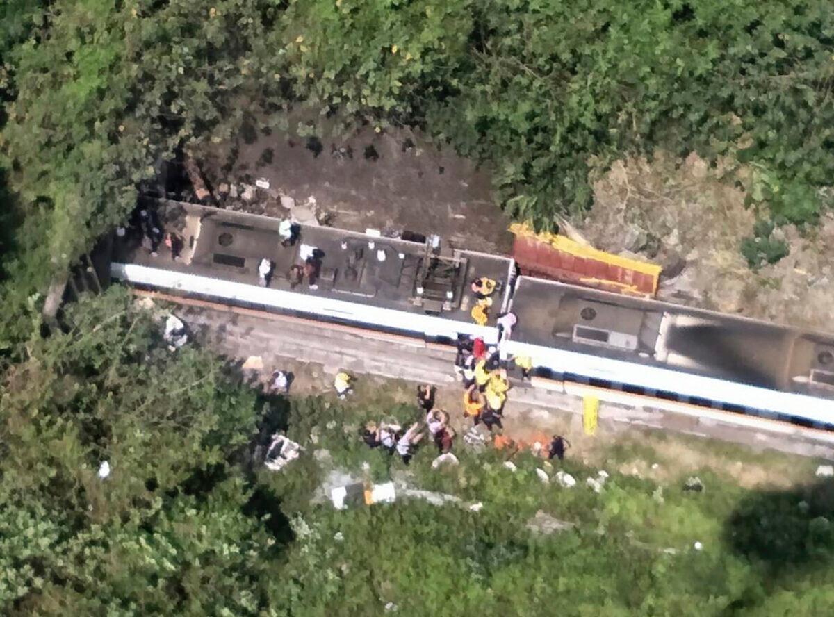 The site of a partial train derailment in Toroko Gorge in Taiwan’s eastern Hualian region, on April 2, 2021. (Taiwan National Fire Agency via AP)