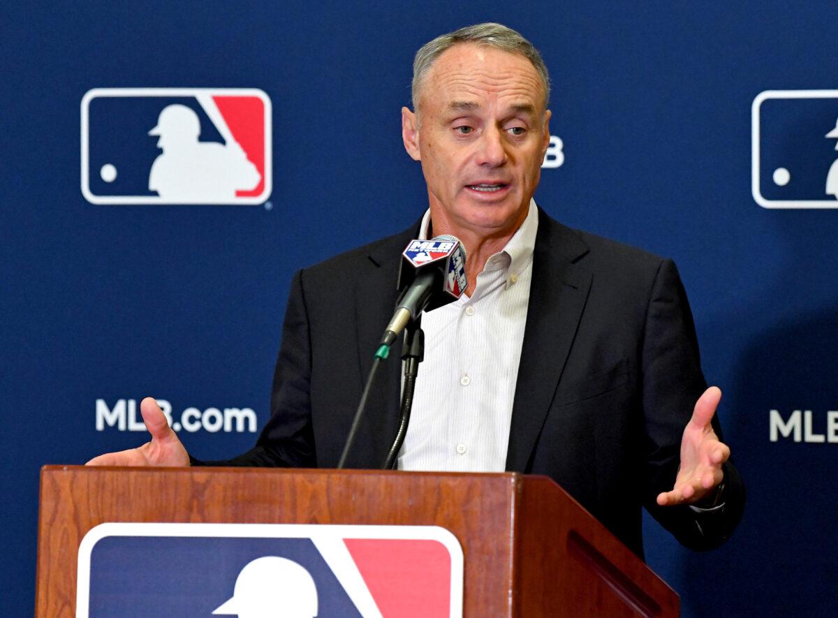Baseball commissioner Robert Manfred Jr. answers questions from the media during spring training media day at the Glendale Civic Center in Glendale, Ariz., on Feb 19, 2019. (Jayne Kamin-Oncea/USA Today Sports)