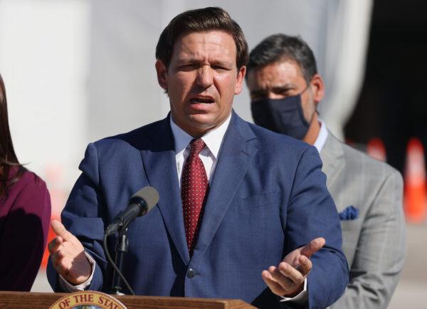 Florida Gov. Ron DeSantis speaks during a press conference about the opening of a COVID-19 vaccination site at the Hard Rock Stadium in Miami Gardens, Fla., on Jan. 6, 2021. (Joe Raedle/Getty Images)