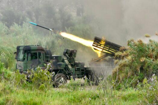 A projectile is launched from a Taiwanese-made Thunderbolt-2000 multiple rocket system during the annual Han Kuang military drills in Taichung, Taiwan, on July 16, 2020. (Sam Yeh/AFP via Getty Images)