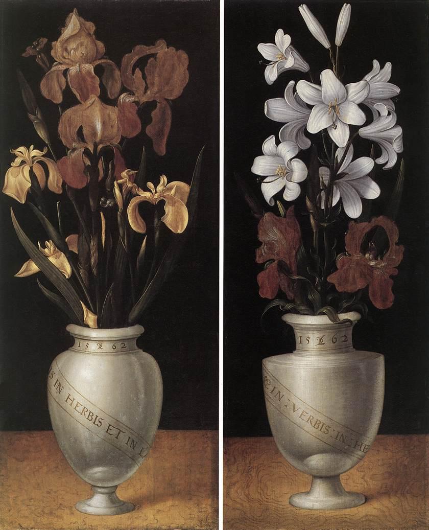 "A Vase with White Lilies and A Vase with Reddish-Brown and Yellow Irises," 1562, by Ludger tom Ring the Younger. Oil on oak wood. Westphalian State Museum of Art and Cultural History, Münster, Germany. (Public Domain)