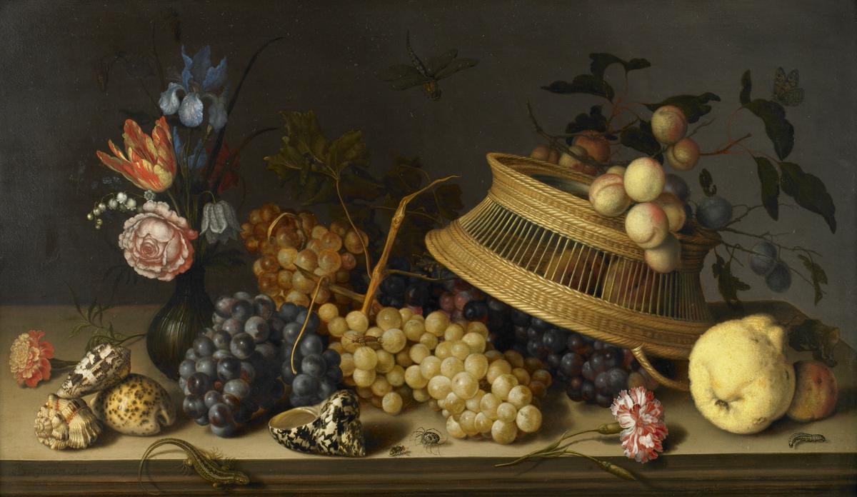 "Still Life of Flowers, Fruit, Shells, and Insects," c. 1629, by Balthasar van der Ast. Oil on oak wood; 17 inches by 29 inches. Birmingham Museum of Art, Birmingham, Alabama. (Public Domain)