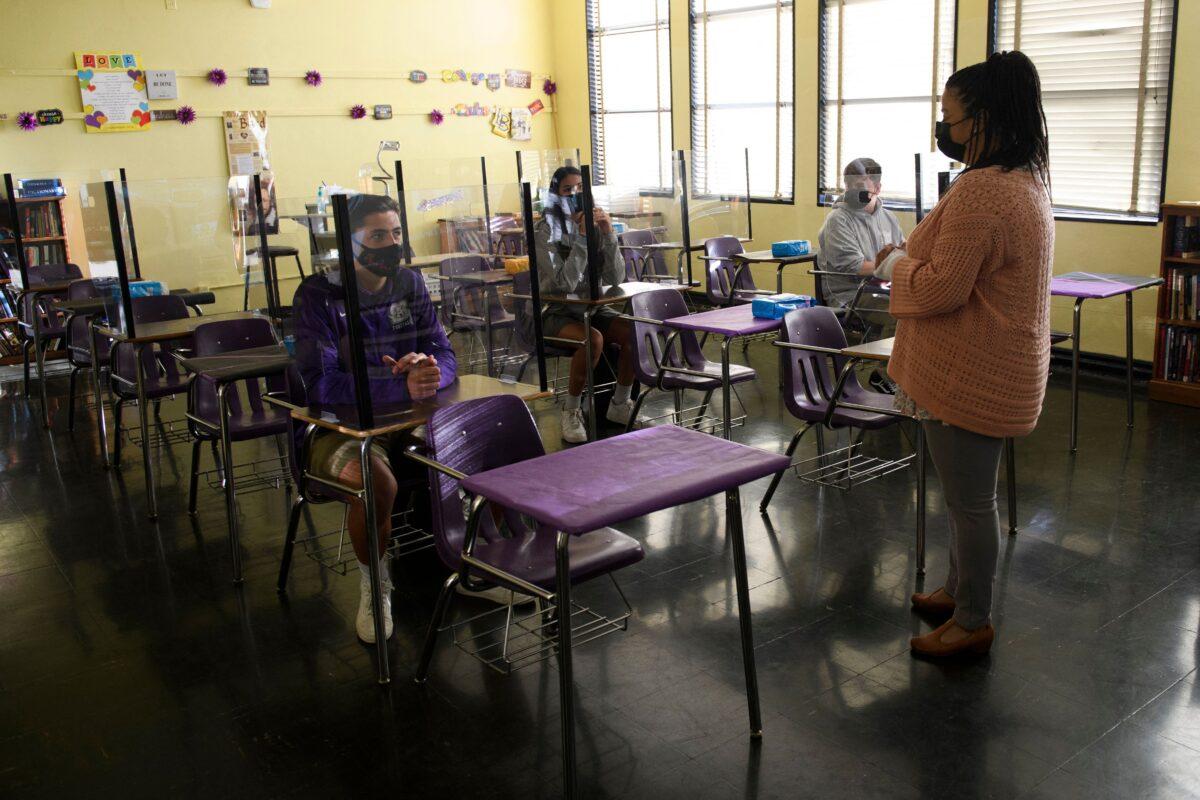 In-person learning at St. Anthony Catholic High School in Long Beach, Calif., on March 24, 2021. (Patrick T. Fallon/AFP via Getty Images)