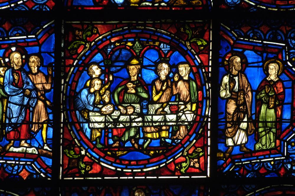 A detail on "The Blue Virgin" window shows several scenes of how Christ lived his life. (Pack-Shot/Shutterstock)