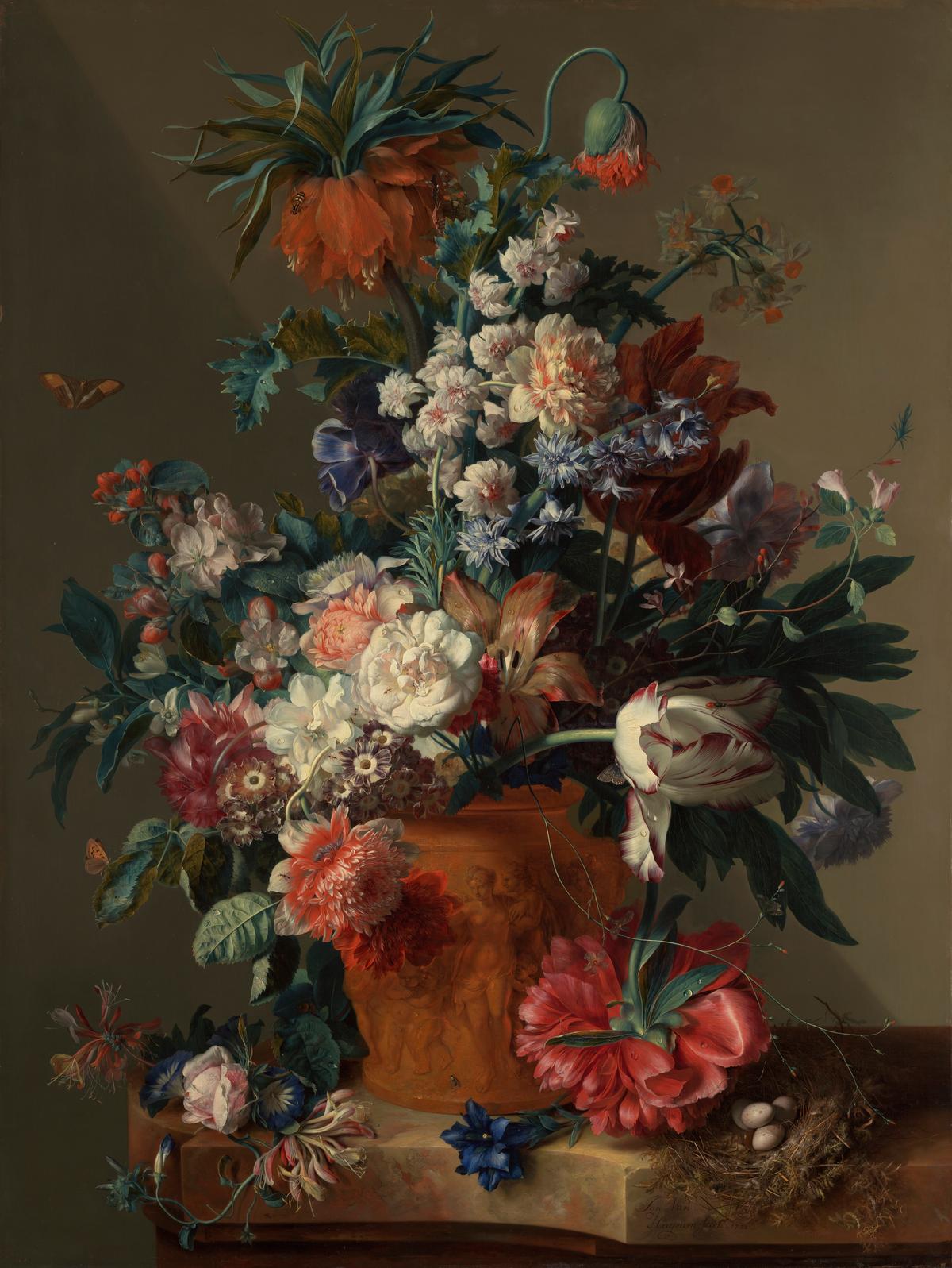 "Vase of Flowers," 1722, by Jan van Huysum. Oil on panel; 31.6 inches by 24 inches. J. Paul Getty Museum, Los Angeles. (Public Domain)