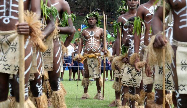 Traditional dancers at an Ocean Event at Lawson Tama Stadium in Honiara, Guadalcanal Island, Solomon Islands, on Nov. 25, 2019. (Chris Jackson/Getty Images)