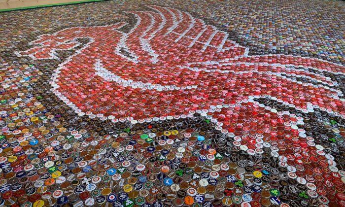 Liverpool Fan Creates Liver Bird Floor Mosaic out of 25,000 Beer Bottle Caps for Bar Floor