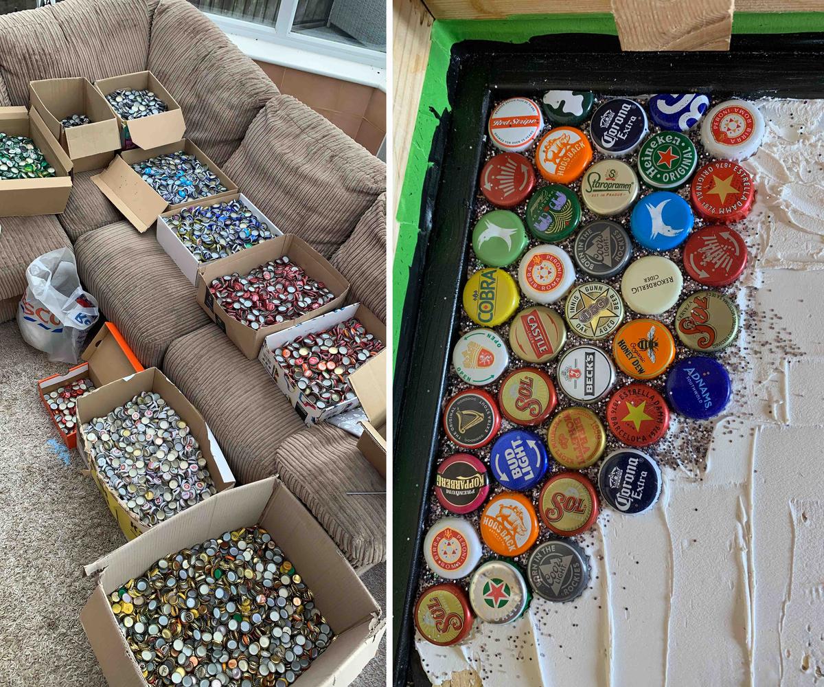 Longley transformed his summer house bar floor into a football mural with 25,000 beer bottle caps. (Caters News)
