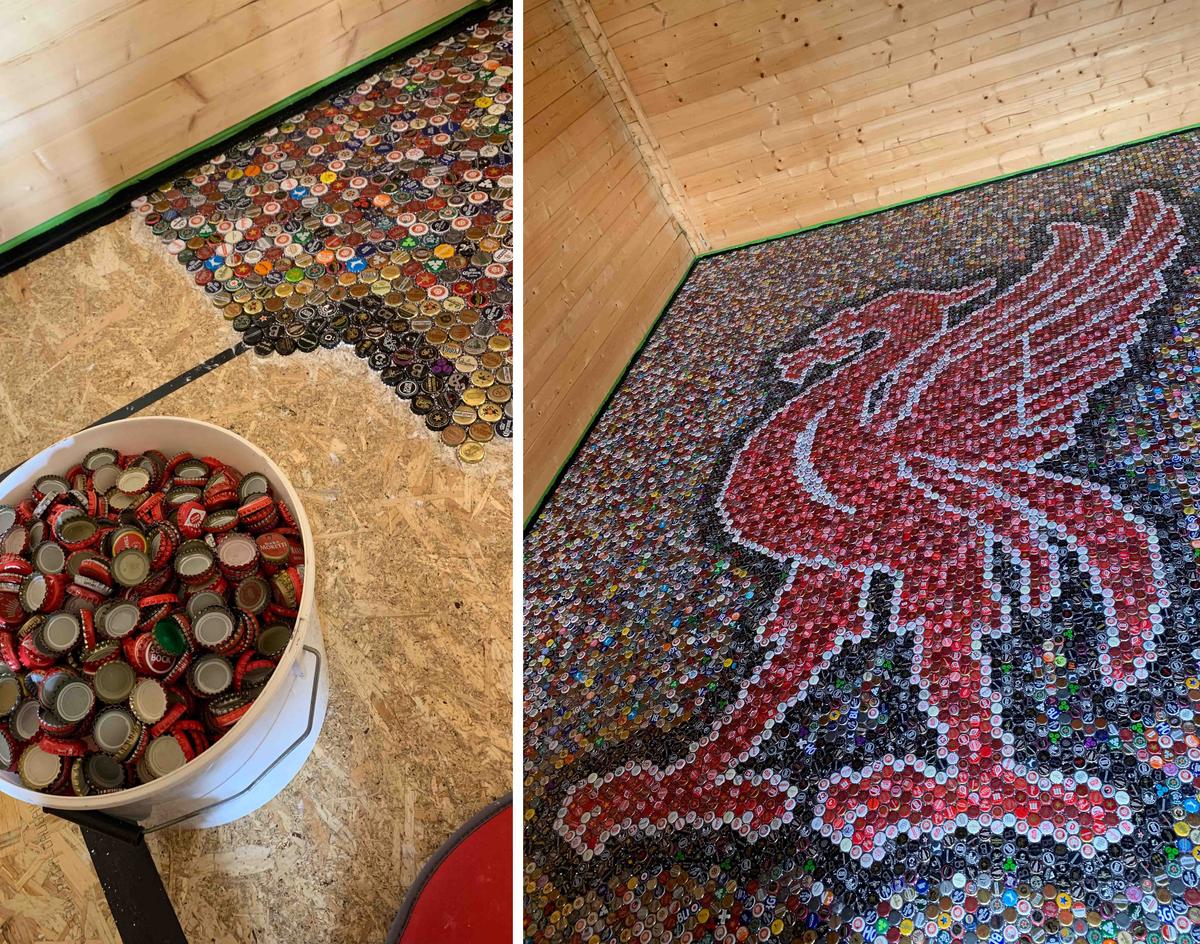 The Liver bird mosaic formed from bottle caps (Caters News)