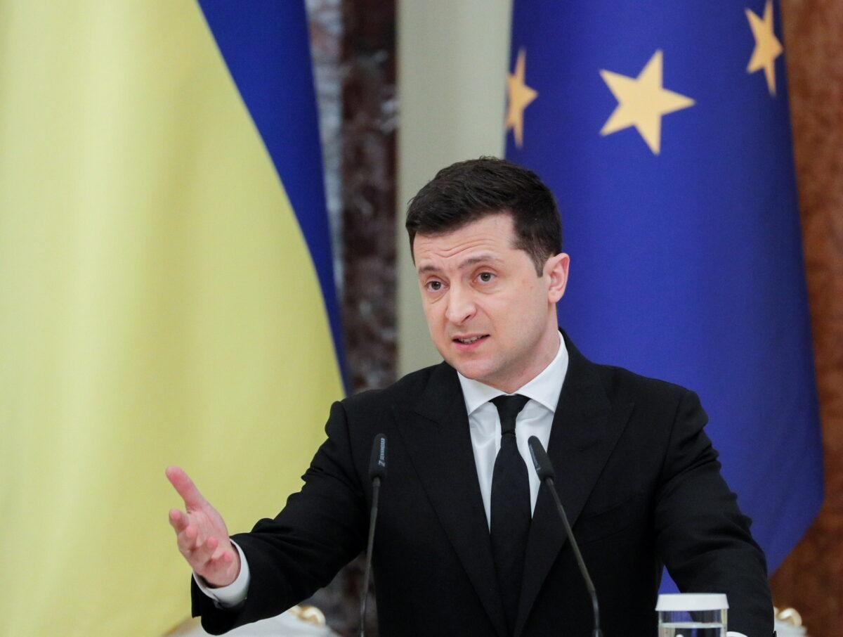 Ukrainian President Volodymyr Zelensky speaks during a joint news conference with European Council President Charles Michel in Kyiv, Ukraine, on March 3, 2021. (Sergey Dolzhenko/Pool via Reuters)